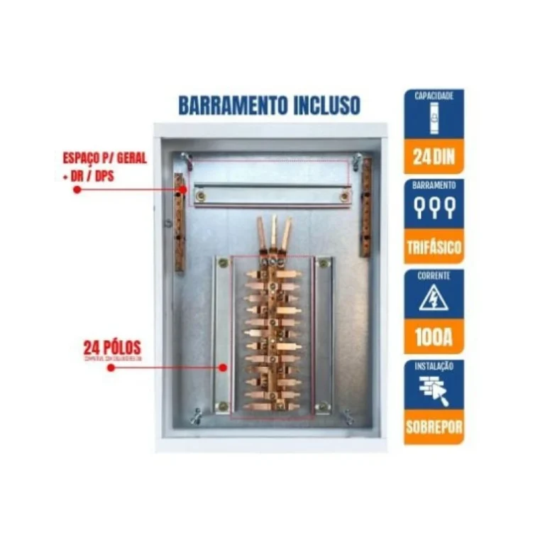 Quadro 24 Disj DIN + 8 Dr 100A Trifasico Sobrepor Moratori
