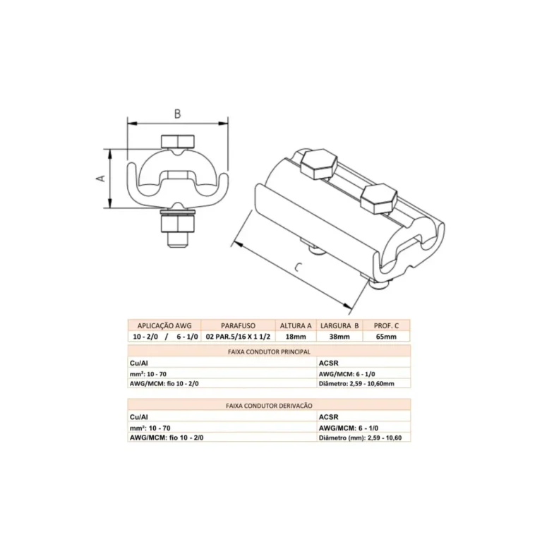 Grampo Tapit Paralelo 10 mm A 1/0 Awg Duplo Ext Betel